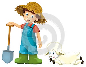 cartoon scene with farmer boy man standing with pitchfork and farm animal sheep isolated background illustation for children