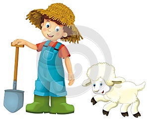 cartoon scene with farmer boy man standing with pitchfork and farm animal sheep isolated background illustation for children