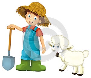 cartoon scene with farmer boy man standing with pitchfork and farm animal sheep isolated background illustation for children