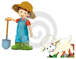 cartoon scene with farmer boy man standing with pitchfork and farm animal sheep isolated background illustation for children