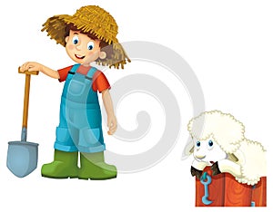 cartoon scene with farmer boy man standing with pitchfork and farm animal sheep isolated background illustation for children