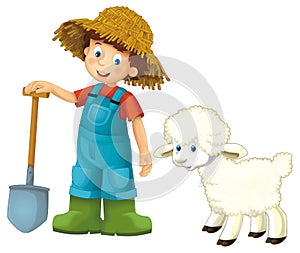 cartoon scene with farmer boy man standing with pitchfork and farm animal sheep isolated background illustation for children