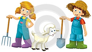 cartoon scene with farmer girl and boy standing with pitchfork and farm animal sheep isolated background illustation for children