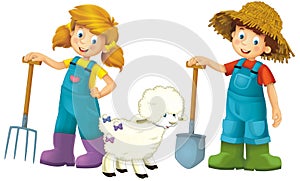 cartoon scene with farmer girl and boy standing with pitchfork and farm animal sheep isolated background illustation for children