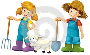 cartoon scene with farmer girl and boy standing with pitchfork and farm animal sheep isolated background illustation for children