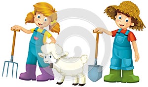 cartoon scene with farmer girl and boy standing with pitchfork and farm animal sheep isolated background illustation for children