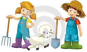 cartoon scene with farmer girl and boy standing with pitchfork and farm animal sheep isolated background illustation for children