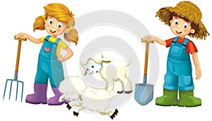 cartoon scene with farmer girl and boy standing with pitchfork and farm animal sheep isolated background illustation for children