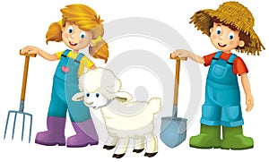 cartoon scene with farmer girl and boy standing with pitchfork and farm animal sheep isolated background illustation for children