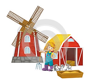 cartoon scene with farmer girl standing with pitchfork and farm animal mouse rat rodent isolated background illustation for