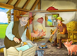 Cartoon scene with farmer rancher in the barn pigsty with his guest