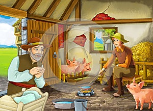 Cartoon scene with farmer rancher in the barn pigsty with his guest