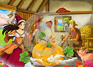 Cartoon scene with farmer rancher in the barn pigsty with his guest