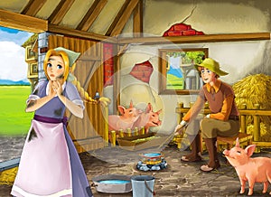 Cartoon scene with farmer rancher in the barn pigsty with his guest