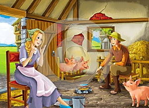 Cartoon scene with farmer rancher in the barn pigsty with his guest