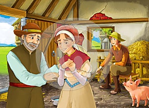 Cartoon scene with farmer rancher or disguised prince and woman or wife in the barn pigsty