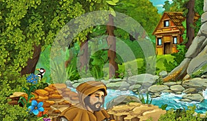 Cartoon scene farmer rancher near the stream and wooden farm illustration