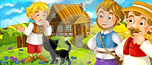 Cartoon scene with farmers family - beautiful farm scene