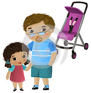 cartoon scene with father and kid girl near baby carriage playing on white background illustration for children