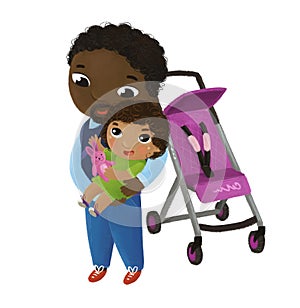 cartoon scene with father and kid girl toddler near baby carriage playing on white background illustration for children