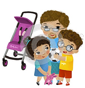 cartoon scene with father and kids girl and boy near baby carriage playing on white background illustration for children