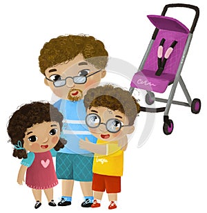 cartoon scene with father and kids girl and boy near baby carriage playing on white background illustration for children