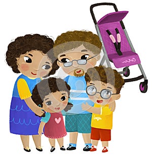 cartoon scene with father and mother and kids girl and boy near baby carriage playing on white background illustration for