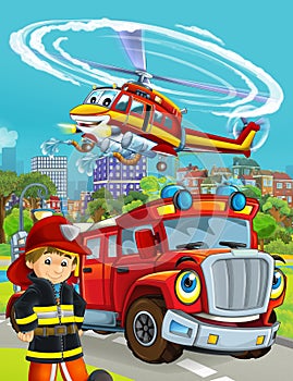 Cartoon scene with fire brigade car vehicle on the road and fireman worker - illustration