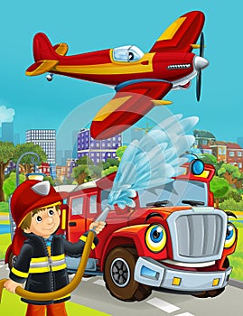 Cartoon scene with fire brigade car vehicle on the road and fireman worker - illustration