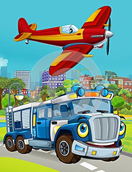 Cartoon scene with fire brigade car vehicle on the road and fireman worker - illustration