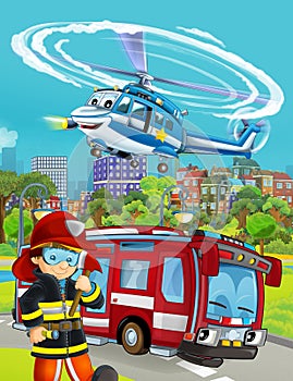 Cartoon scene with fire brigade car vehicle on the road and fireman worker - illustration