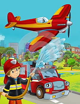 Cartoon scene with fire brigade car vehicle on the road and fireman worker and plane flying - illustration for children