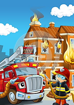 Cartoon scene with fire fighter machine fireman vehicle and fireman boy putting out the fire burning building illustration
