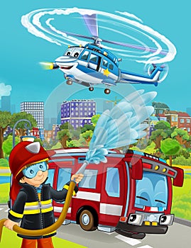 Cartoon scene with fireman car brigade or motorcycle fireman boy and police helicopter illustration for children kids