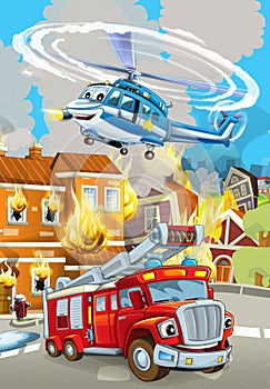 Cartoon scene with fireman car vehicle near burning building