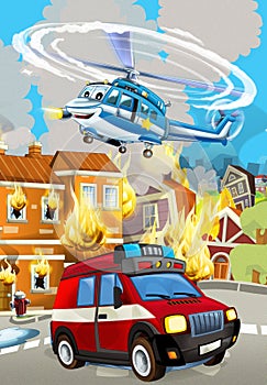 Cartoon scene with fireman car vehicle near burning building