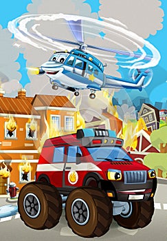 Cartoon scene with fireman car vehicle near burning building