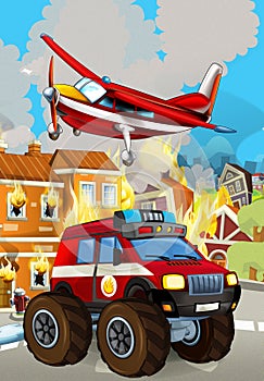 Cartoon scene with fireman car vehicle near burning building