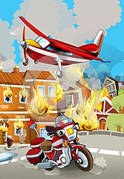 Cartoon scene with fireman car vehicle near burning building