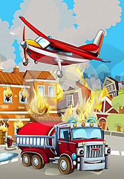 Cartoon scene with fireman car vehicle near burning building