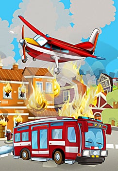 Cartoon scene with fireman car vehicle near burning building