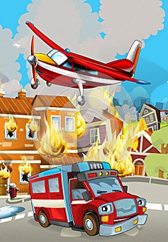 Cartoon scene with fireman car vehicle near burning building