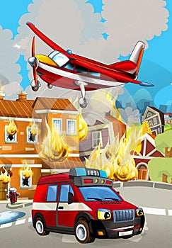 Cartoon scene with fireman car vehicle near burning building