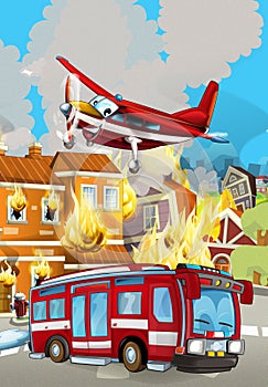 Cartoon scene with fireman car vehicle near burning building