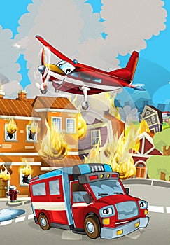 Cartoon scene with fireman car vehicle near burning building