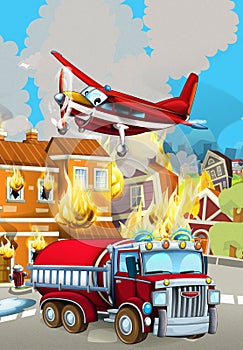 Cartoon scene with fireman car vehicle near burning building