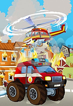 Cartoon scene with fireman car vehicle near burning building