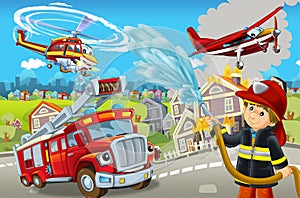 Cartoon scene with fireman car vehicle near burning building - illustration for children