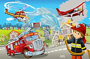 Cartoon scene with fireman car vehicle near burning building - illustration for children