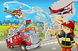 Cartoon scene with fireman car vehicle near burning building - illustration for children